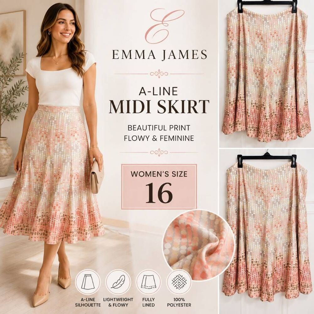 Emma James Women's Size 16 A-Line Midi Skirt Pink Beige Dot Print Lined